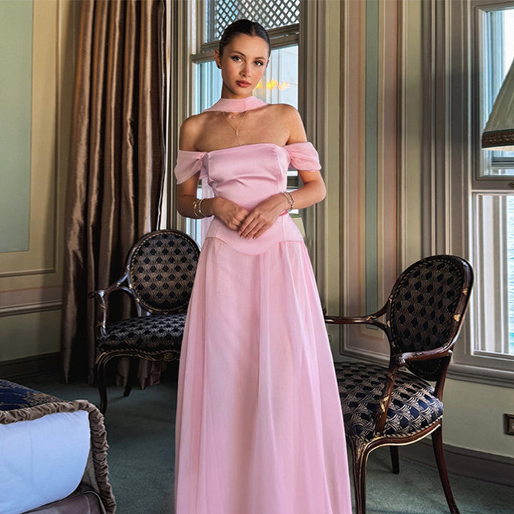 Damen Abendkleid mit schulterfreiem Design und eleganten Rüschen akzenten Drune