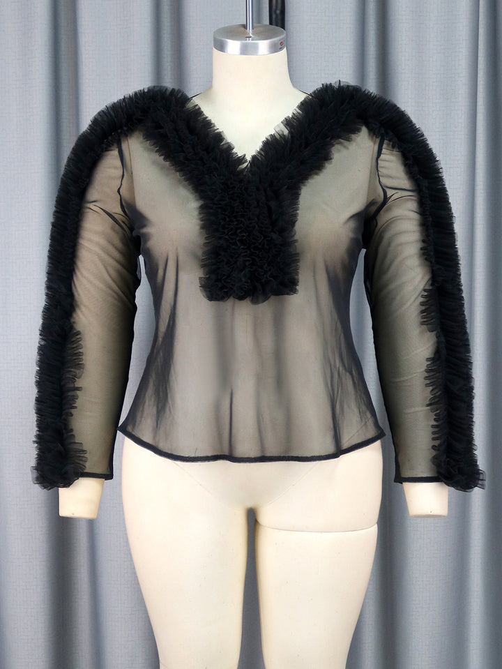 Damen Elegante transparente Bluse mit rüschenverzierten Ärmeln Drune