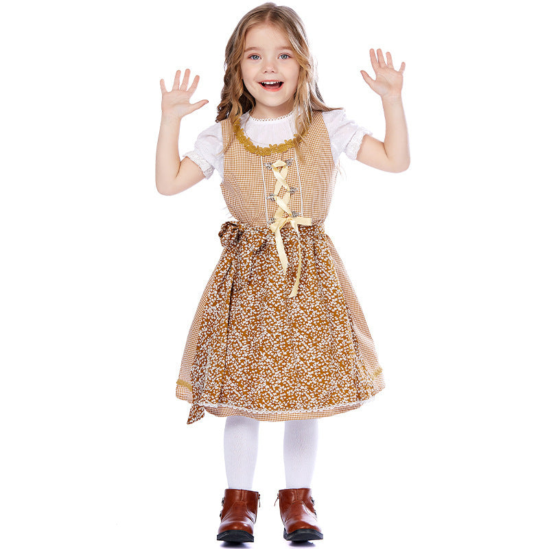 Damen nan traditionelles Trachtenkleid-Set mit geschnürtem Mieder, bestickter Puffbluse und abnehmbarer Schürze Drune