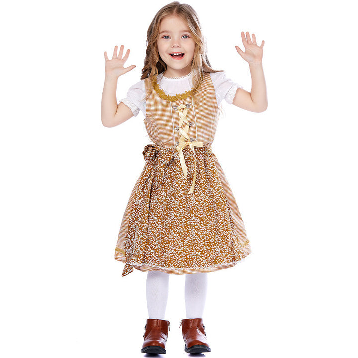 Damen nan traditionelles Trachtenkleid-Set mit geschnürtem Mieder, bestickter Puffbluse und abnehmbarer Schürze Drune