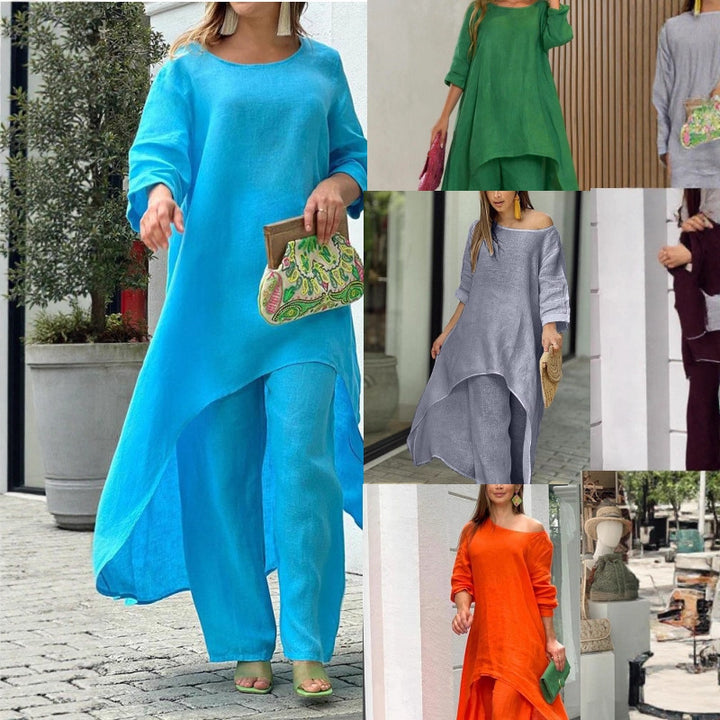 Damen nan weit geschnittenes Leinenzweiteiler Set mit asymmetrischer Tunika und lockeren Marlene-Hose Drune
