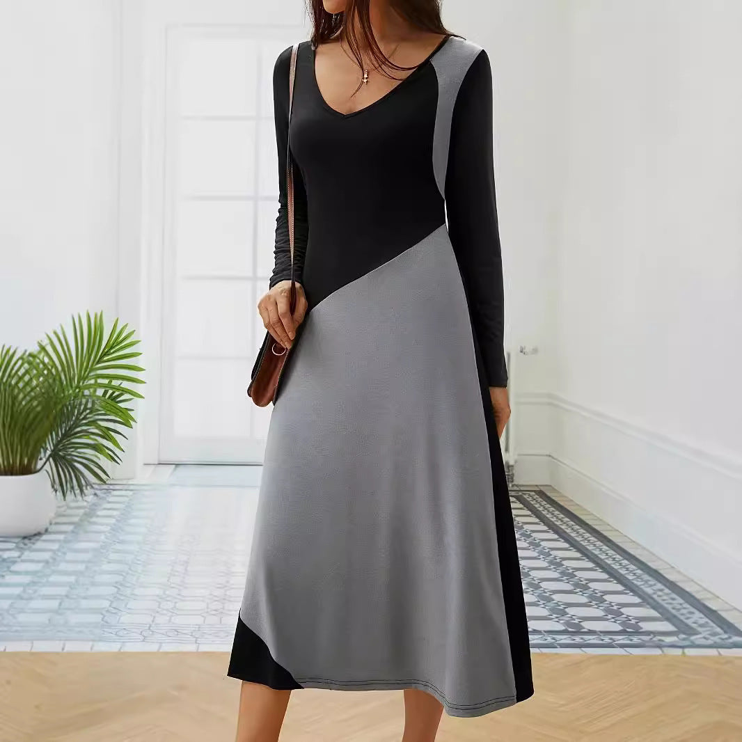 Damen figurbetontes Langarm-Kleid mit modernem Schnitt und Farbeinteilungen Drune