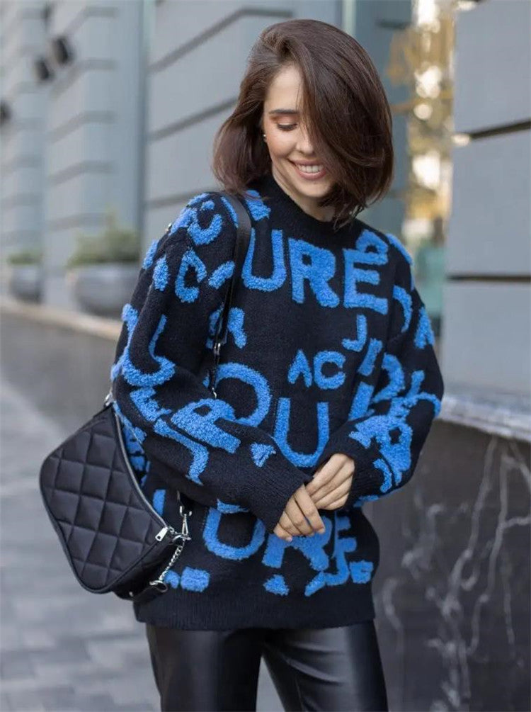 Damen übergroßer Pullover mit auffälligem Schriftzug und weichem Material Drune