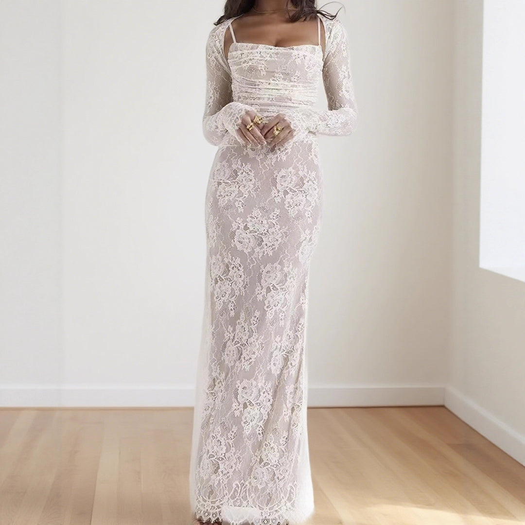 Damen Elegantes Spitzenkleid mit figurbetonter Silhouette und luxuriösem Langarmdesign Drune