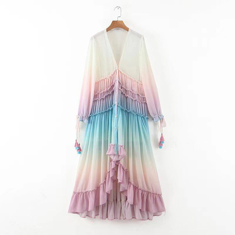Damen Maxikleid mit zarten Rüschendetails und fließendem Ombre-Effekt Drune