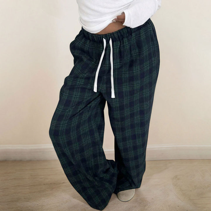 Damen lässige Karohose mit elastischem Bund und verstellbarem Kordelzug Drune