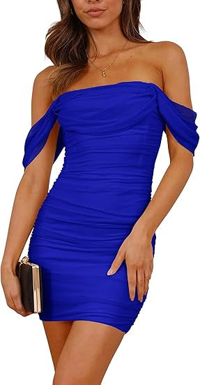 Damen figurbetontes Wickelkleid mit schulterfreiem Design Drune