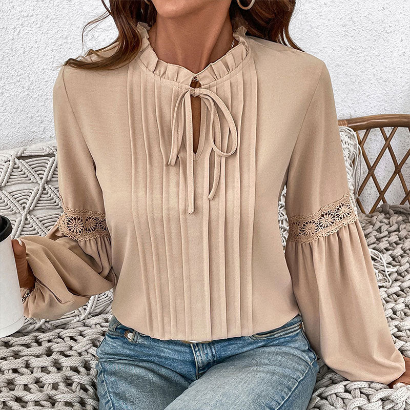 Damen elegante Longbluse mit feinen Falten und Spitzenakzenten Drune