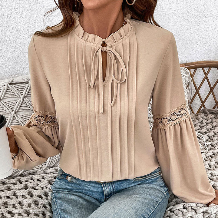 Damen elegante Longbluse mit feinen Falten und Spitzenakzenten Drune