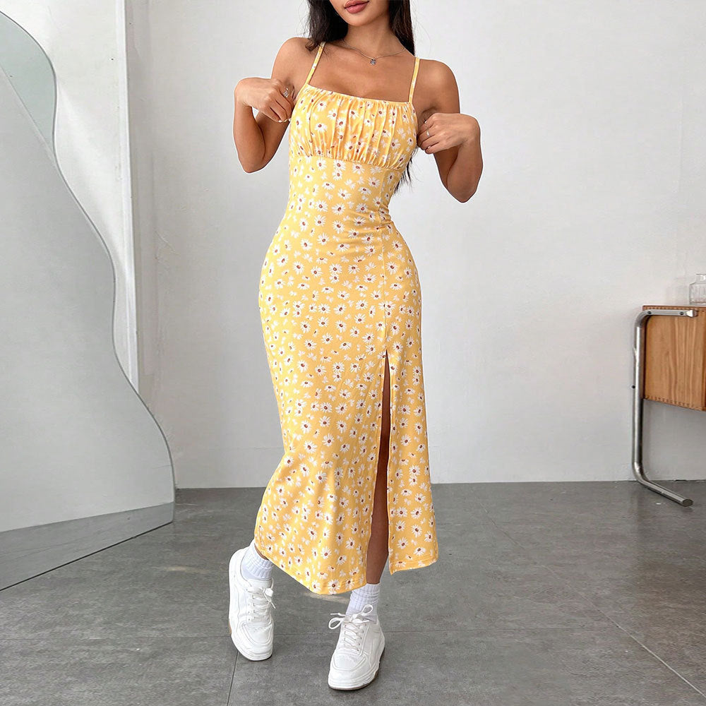 Damen Midikleid mit blumigem Druck und hohem Schlitz Drune