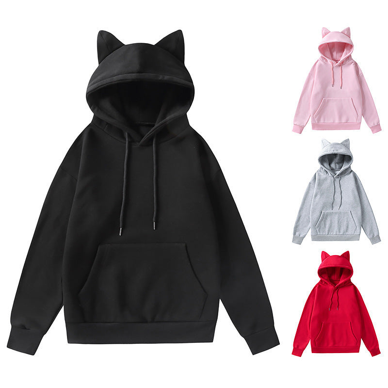 Damen Hoodie mit Katzenohren und Kängurutasche Drune