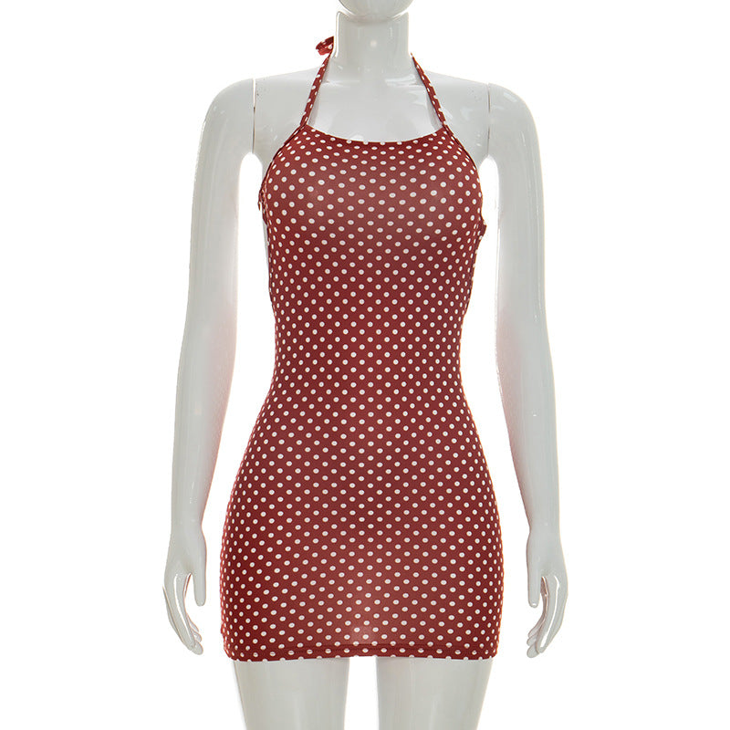 Damen figurbetontes Minikleid mit Polka-Dots und Spaghettiträgern Drune