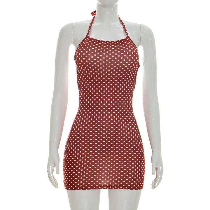 Damen figurbetontes Minikleid mit Polka-Dots und Spaghettiträgern Drune