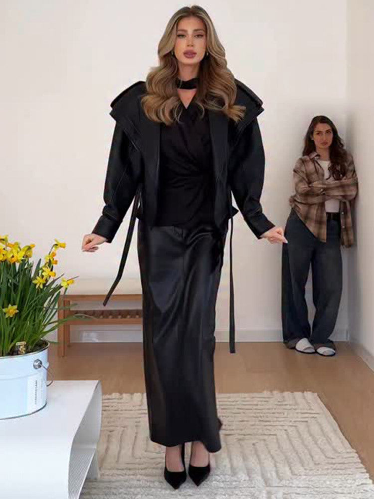 Damen elegante Kunstlederjacke mit voluminösen Ärmeln Drune
