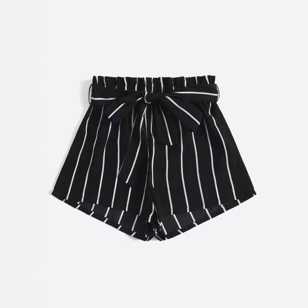 Damen gestreifte Freizeit-Shorts mit elastischem Bund und Bindegürtel Drune