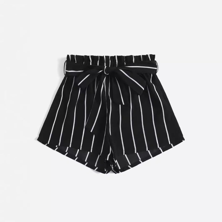 Damen gestreifte Freizeit-Shorts mit elastischem Bund und Bindegürtel Drune