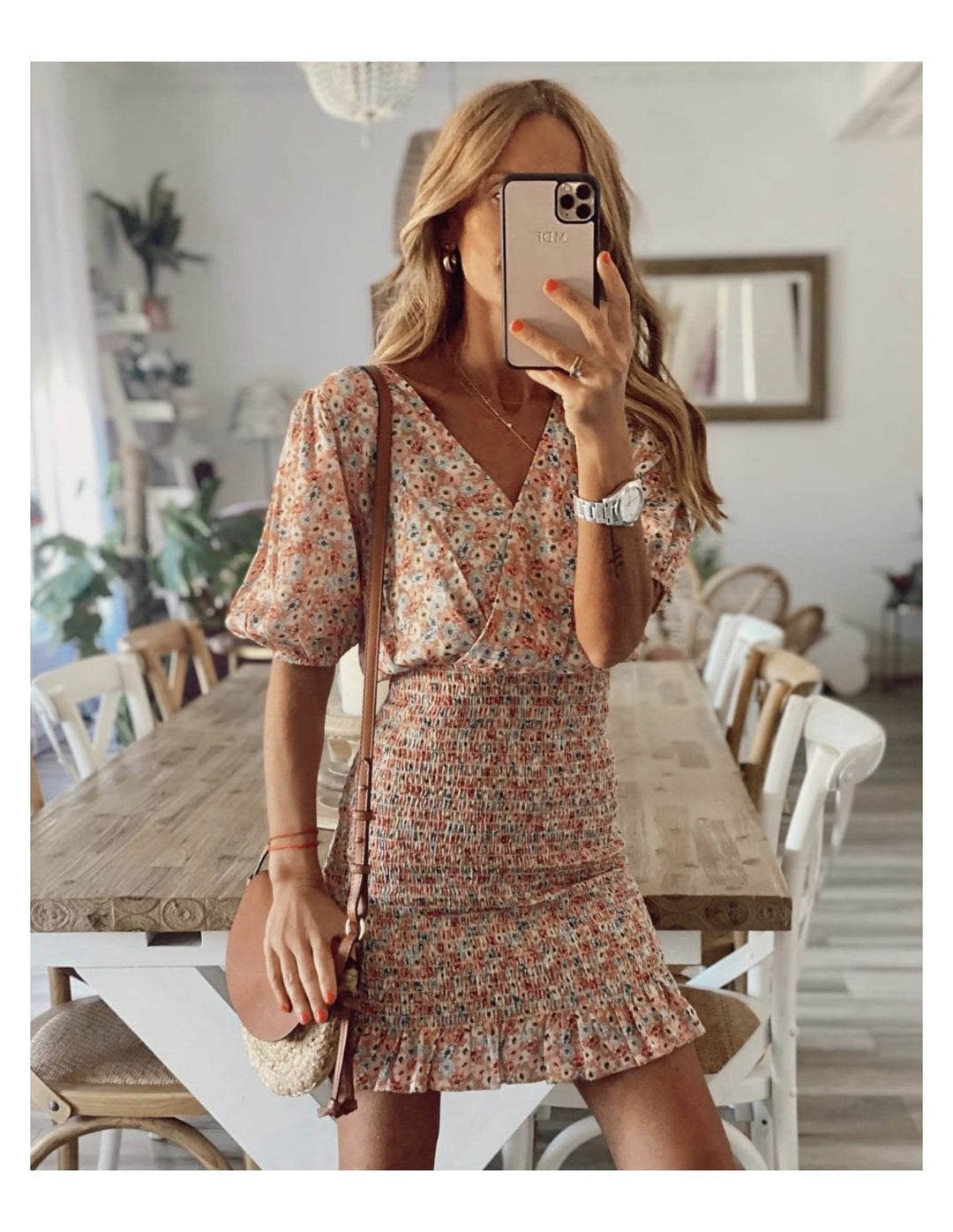 Damen Minikleid mit floralen Rüschen und elastischem Bund Drune