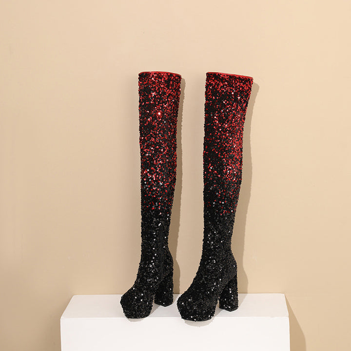 Damen Hochglanz Glitzer Oberschenkelhohe Plateau Stiefel Drune