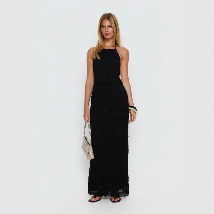 Damen Maxikleid mit schulterfreiem Design und fließenden Rüschen Drune