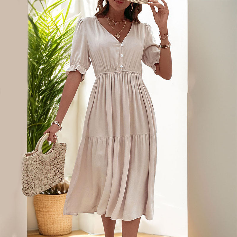 Damen Midi-Kleid mit knöpfbarem V-Ausschnitt und luftigen Puffärmeln Drune