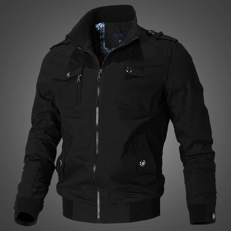 Herren nan taillierte Canvas-Bomberjacke mit Stehkragen, Reißverschlussfront, Schulterpatten und funktionalen Taschen Drune