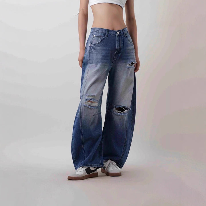 Damen nan Baggy-Jeans mit hohem Bund, sichtbaren Nahtpaneelen und distressed Kniepartien Drune