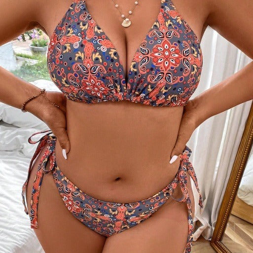 Damen Triangel-Bikini mit verspieltem floralem Muster und verstellbaren Bindebändern Drune