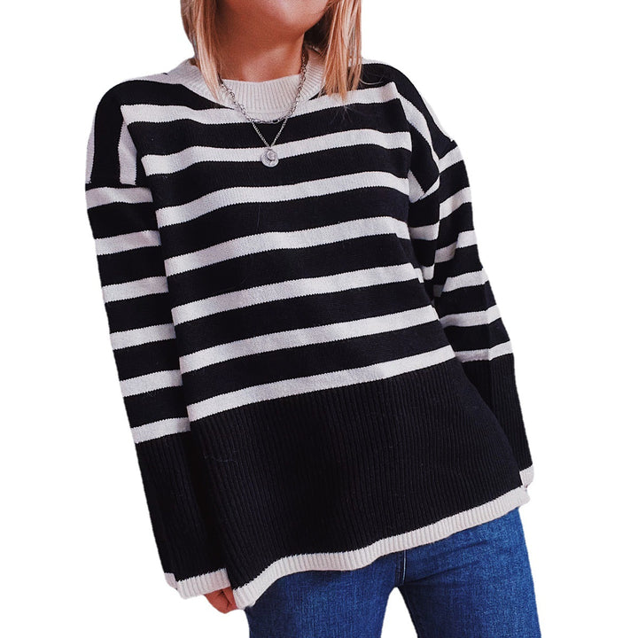 Damen lässiger Strickpullover mit modernem Streifenmuster und feiner Rippstruktur Drune