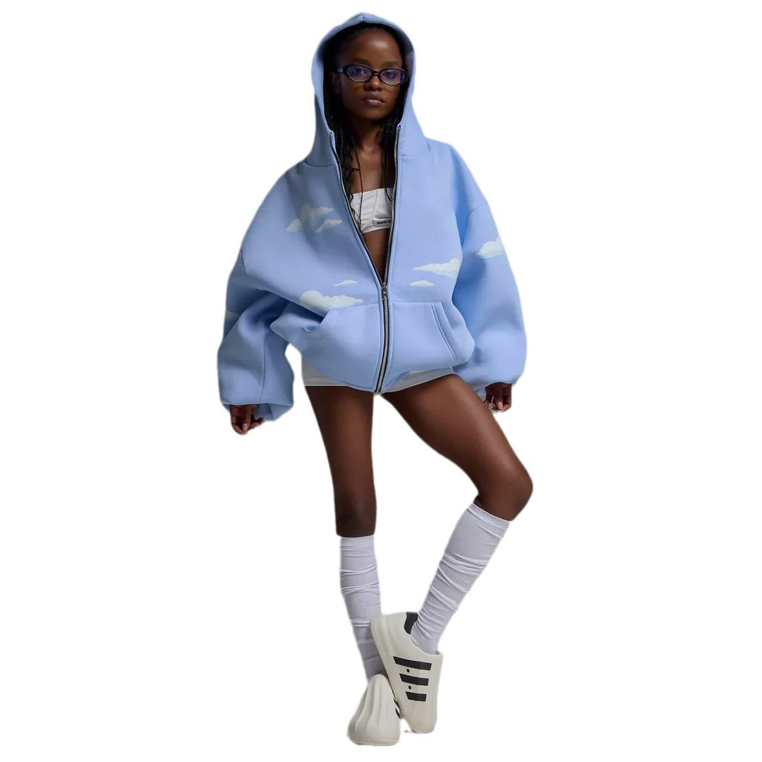 Damen Oversized Kapuzenjacke mit luftigen Wolkenmotiven Drune