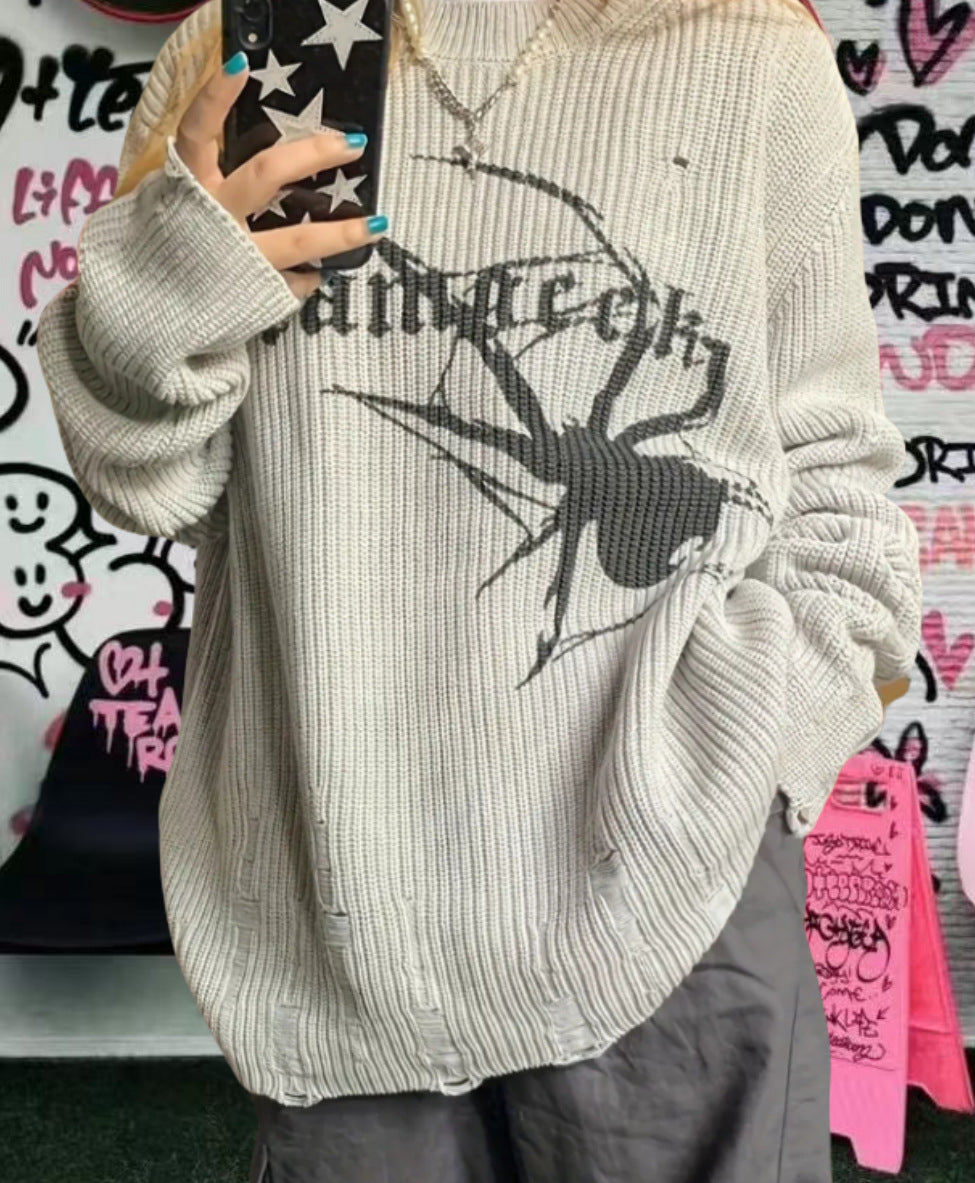 Damen Oversized Strickpullover mit auffälligem Spinnenmuster Drune