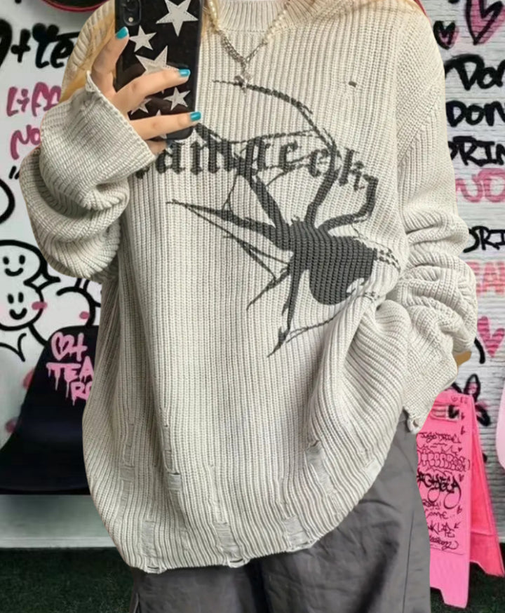 Damen Oversized Strickpullover mit auffälligem Spinnenmuster Drune