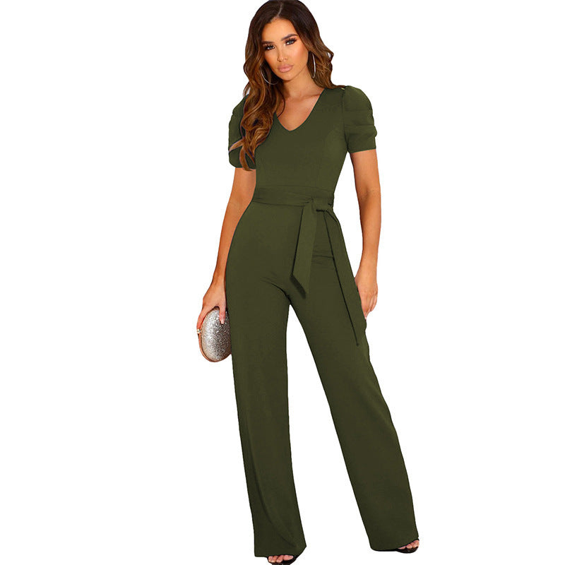 Damen Eleganter Jumpsuit mit Taillengürtel und Puffärmeln Drune