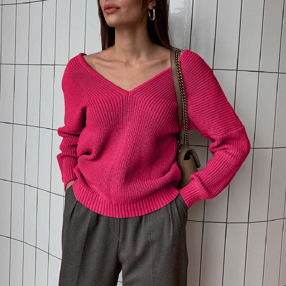 Damen eleganter V-Ausschnitt Pullover mit feiner Rippenstruktur und überschnittenen Schultern Drune
