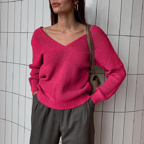 Damen eleganter V-Ausschnitt Pullover mit feiner Rippenstruktur und überschnittenen Schultern Drune