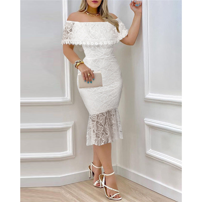Damen Off-Shoulder Spitzenkleid mit voluminösem Saum Drune