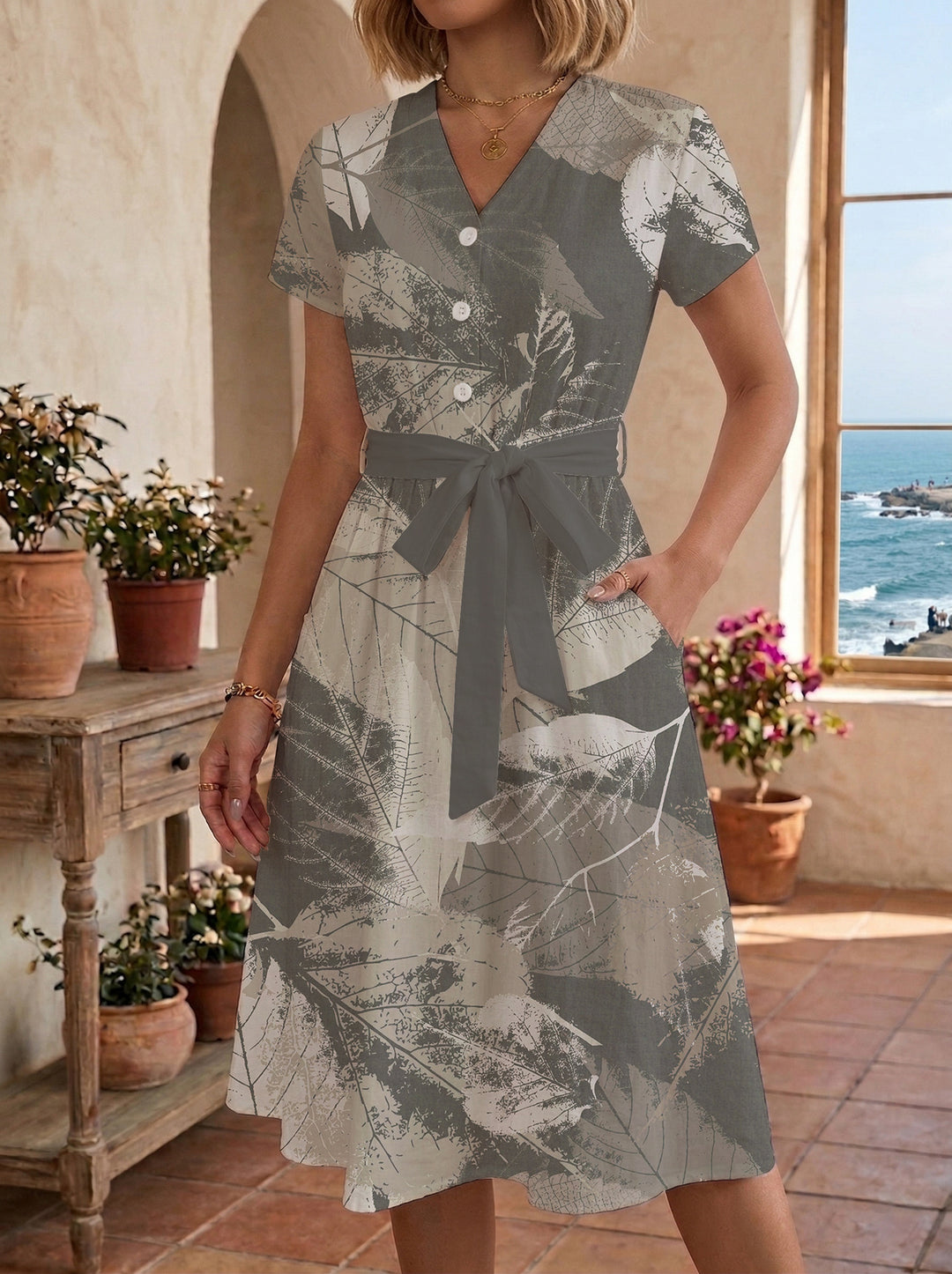Damen Blühendes Midikleid mit taillierbarem Gürtel und kunstvollem Print Drune