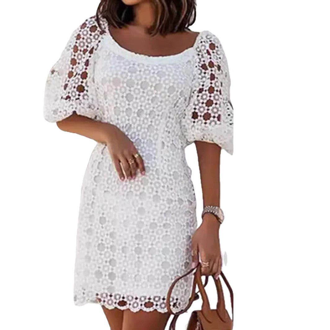 Damen Spitzenkleid mit ballonförmigen Ärmeln und floralen Lochmuster Drune