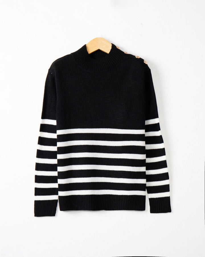 Damen modischer Strickpullover mit Streifenmuster und Knopfdetails Drune