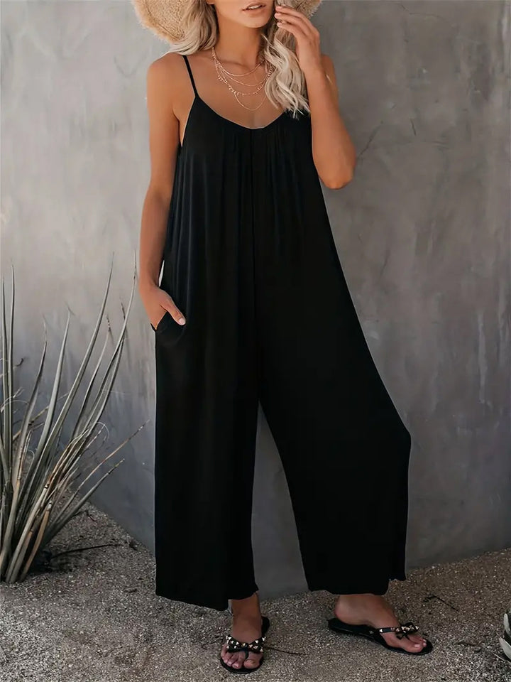 Damen legerer Jumpsuit aus fließendem Stoff mit verstellbaren Trägern und praktischen Taschen Drune