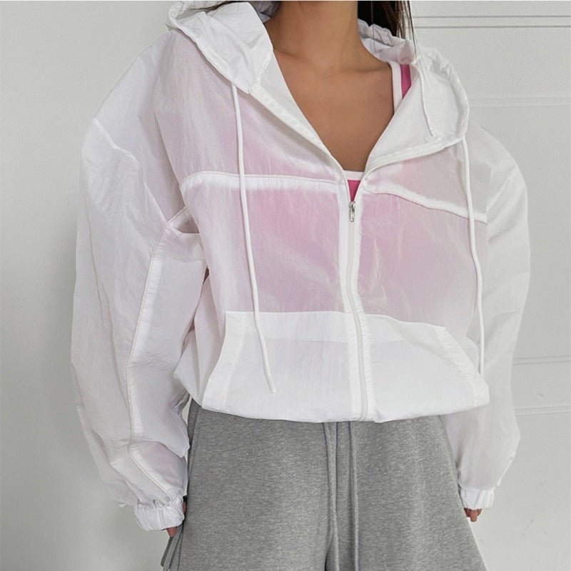 Damen leichte Windbreaker-Jacke mit Kapuze und Kängurutasche Drune