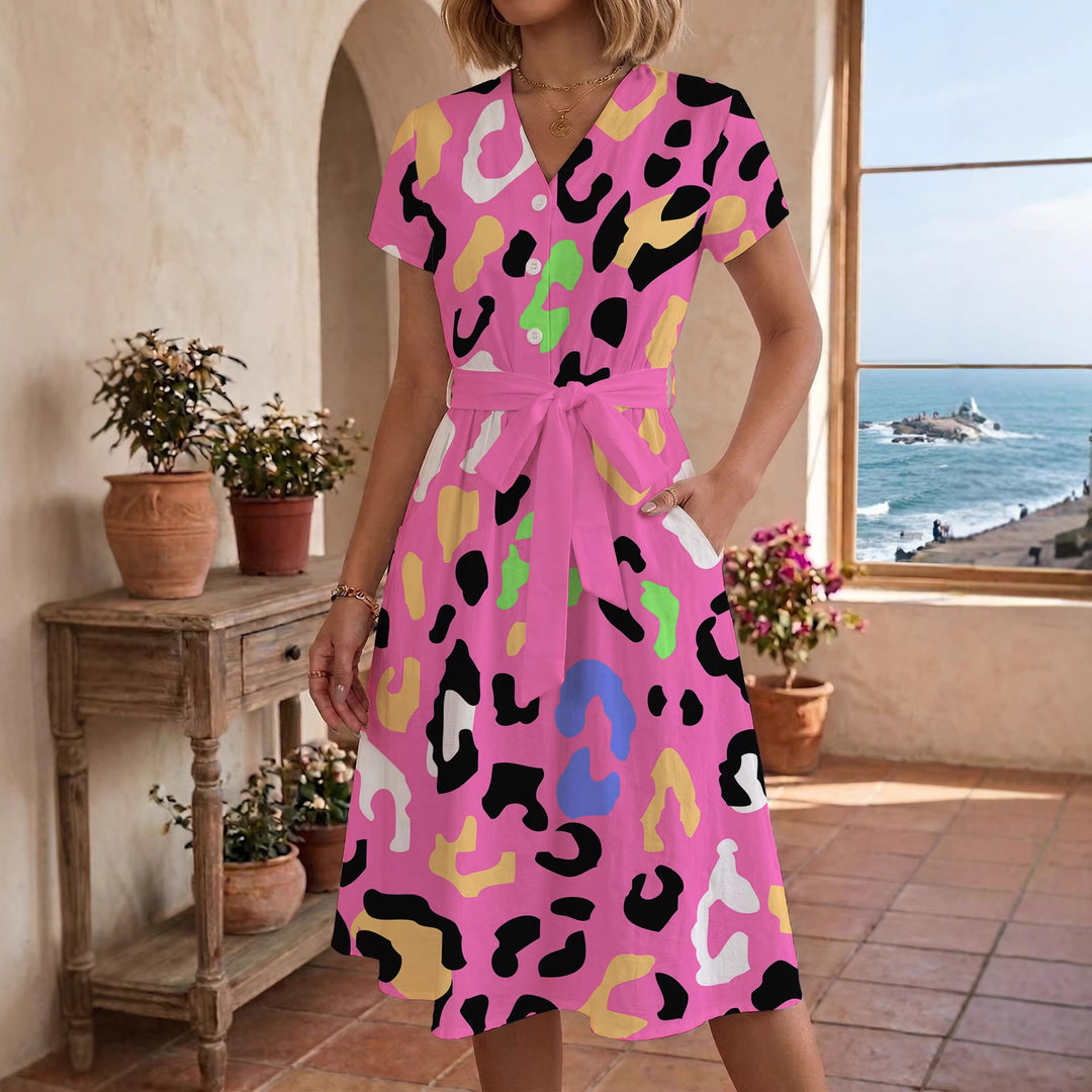 Damen lässiges Kleid mit modernem Leoprint und taillierbarem Gürtel Drune