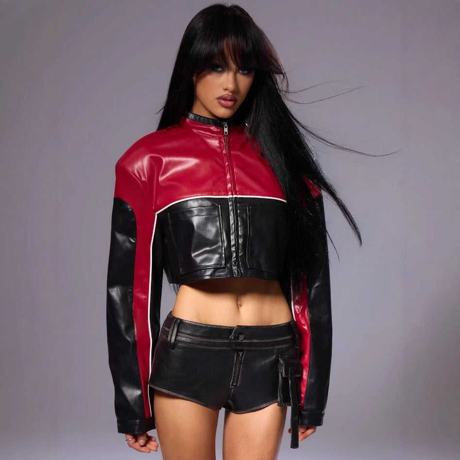 Damen cropped Bikerjacke mit kontrastierenden Ärmeln Drune