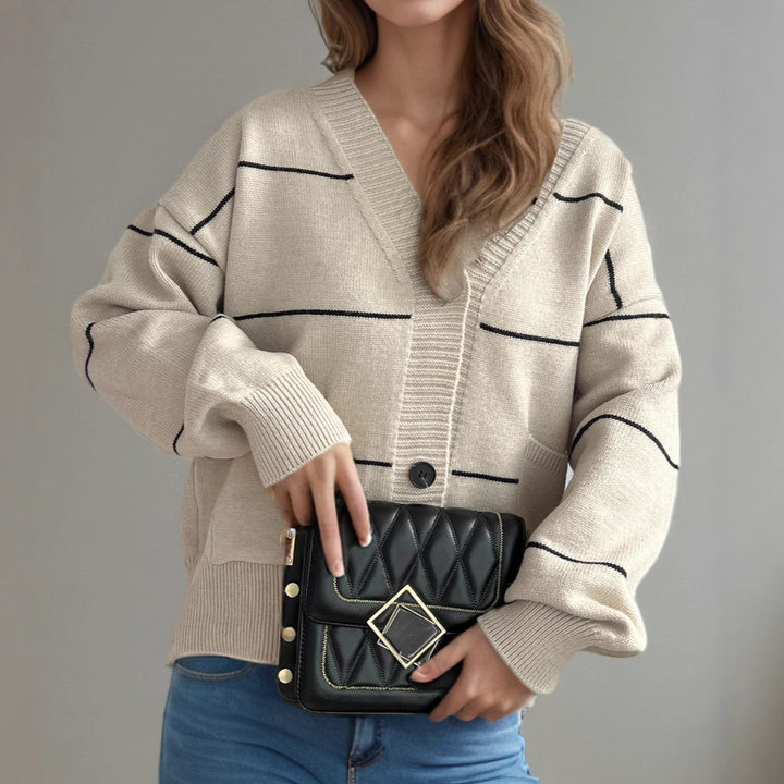Damen lässige Strickjacke mit praktischen Taschen und modischen Kontraststreifen Drune