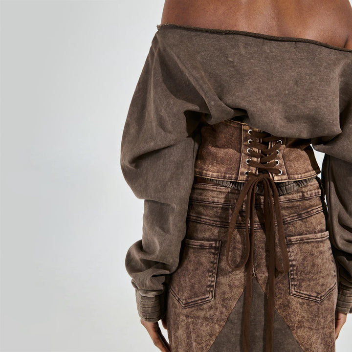 Damen Cropped Sweatshirt mit lässigem Off-Shoulder Design und modischem Bund Drune
