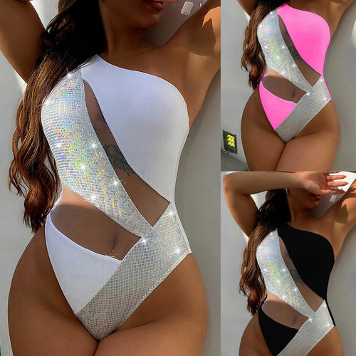 Damen Einseitiger Cut-Out Badeanzug mit glitzerndem Designelement Drune