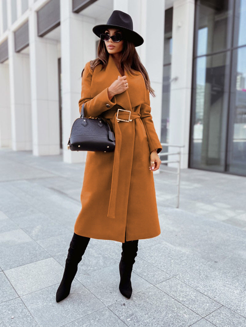 Damen eleganter Trenchcoat mit breitem Revers und taillierbarem Gürtel Drune