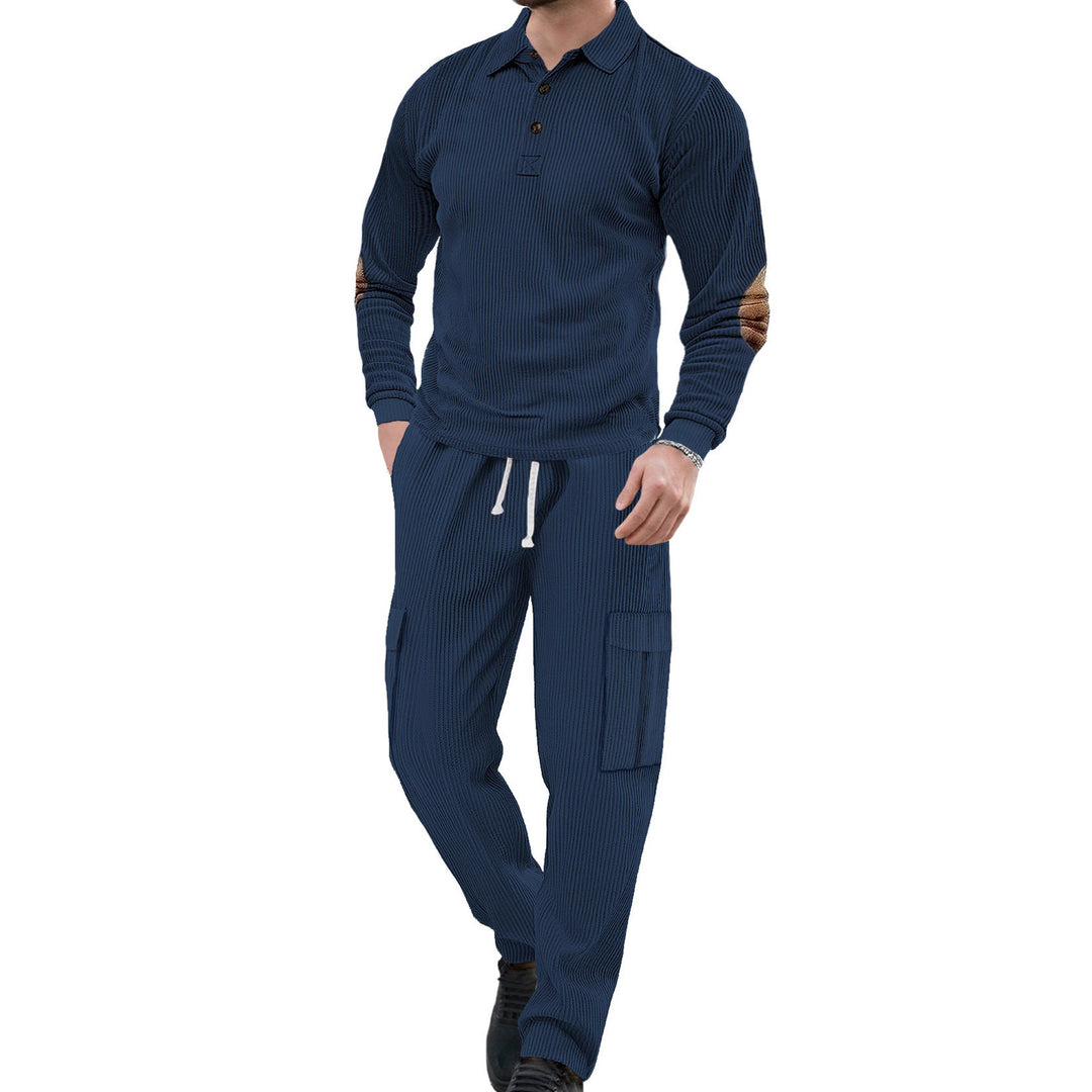Herren nan geripptes Lounge-Set mit Polokragen Ellenbogenpatches und Cargohose Drune