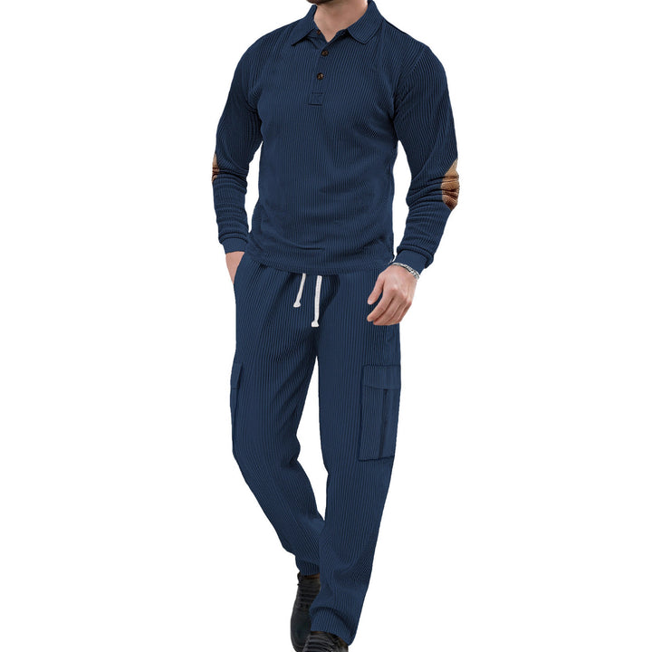 Herren nan geripptes Lounge-Set mit Polokragen Ellenbogenpatches und Cargohose Drune