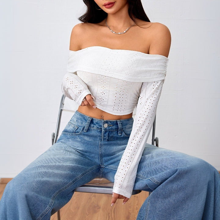 Damen Off-Shoulder Crop-Top mit langen Puffärmeln und eleganter Lochstruktur Drune