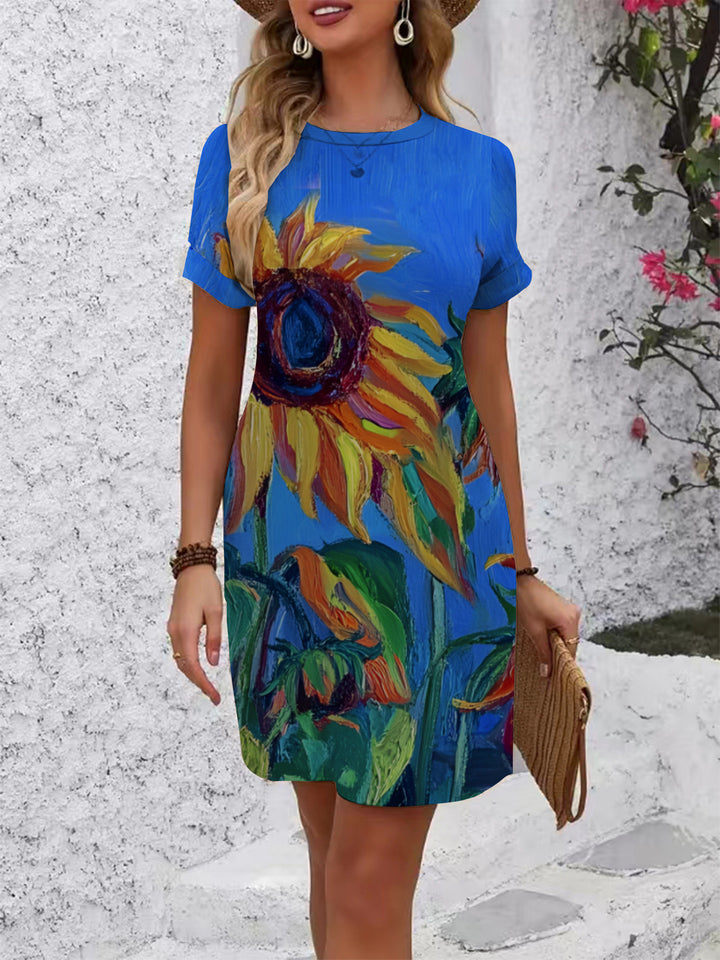 Damen lässiges Kurzarmkleid mit floralen Motiven und bequemen Schnitt Drune